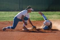Green Valley second base Liliana Esparza (8) puts out Centennial runner Lacy Mayes (7) during t ...
