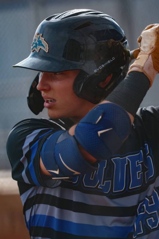 Basic Academy’s Andruw Giles (29) stands on deck to bat during the baseball game against ...