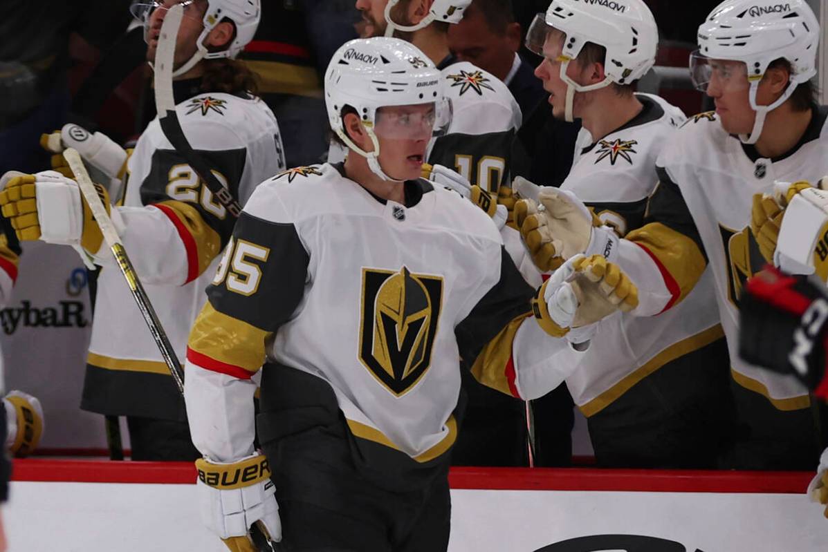 Vegas Golden Knights right wing Victor Olofsson (95) celebrates with teammates after scoring du ...