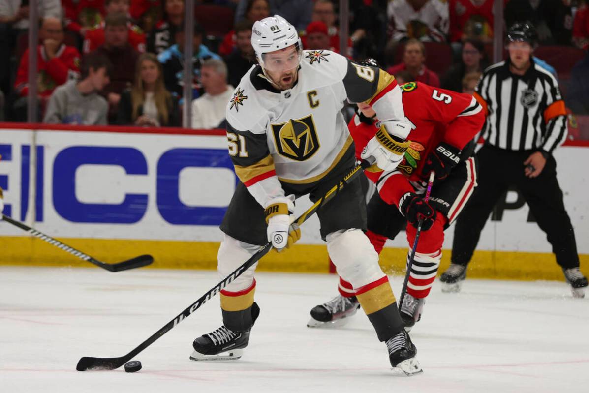 Vegas Golden Knights right wing Mark Stone (61) controls the puck during the third period of an ...