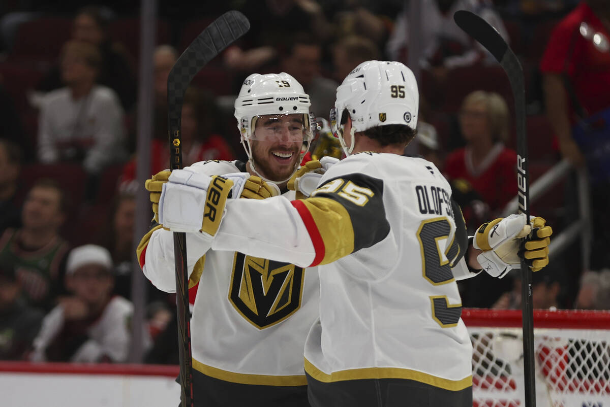 Vegas Golden Knights right wing Victor Olofsson (95)and right wing Reilly Smith (19) celebrate ...