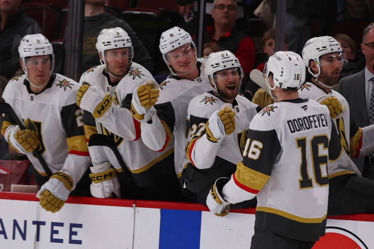 Vegas Golden Knights left wing Pavel Dorofeyev (16) celebrates with teammates after scoring dur ...