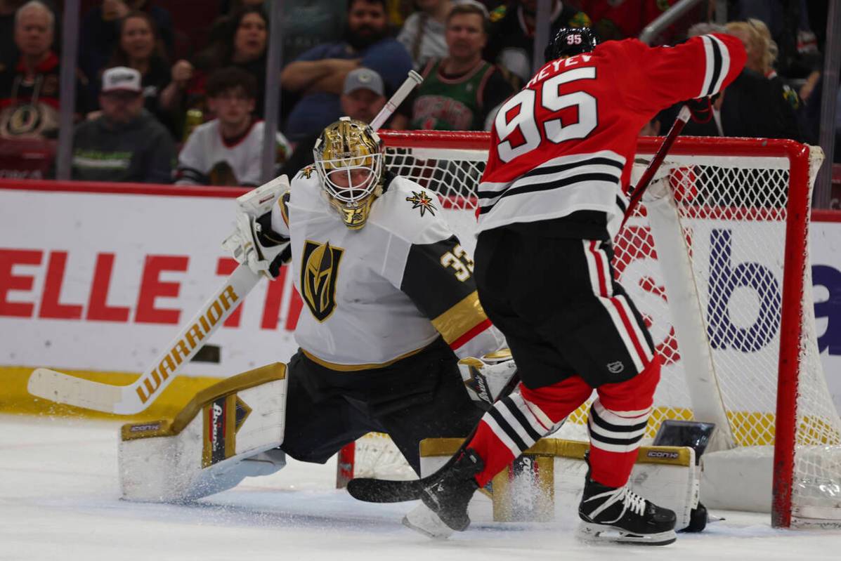 Vegas Golden Knights goaltender Adin Hill (33) makes a save against Chicago Blackhawks right wi ...