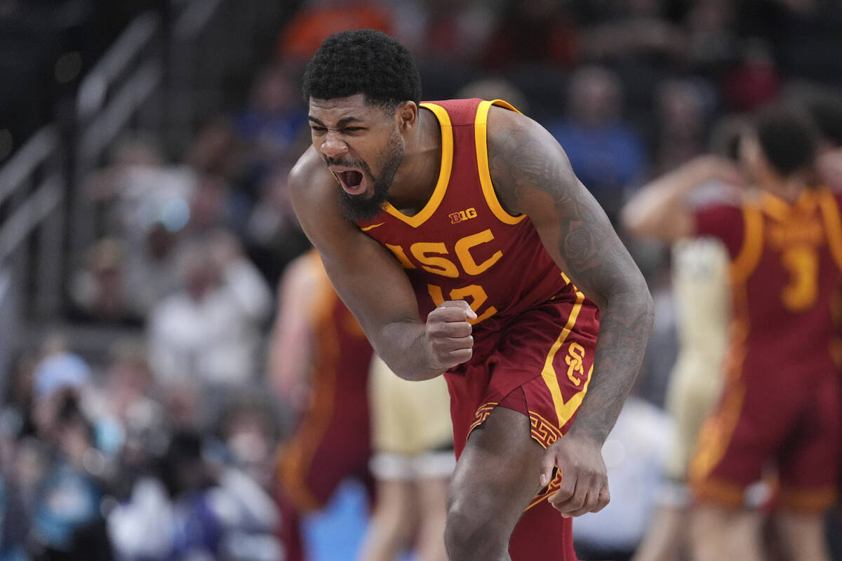 Southern California forward Rashaun Agee (12) reacts after a play against Purdue during the sec ...