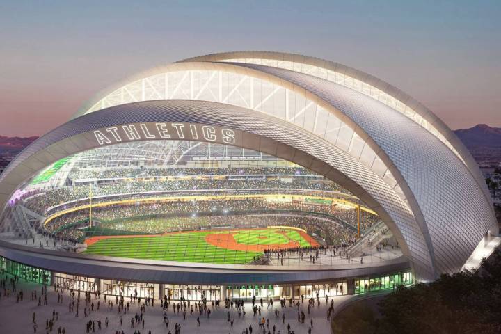 An artist rendering of the Athletics' planned Las Vegas ballpark shown during a March 6, 2025, ...