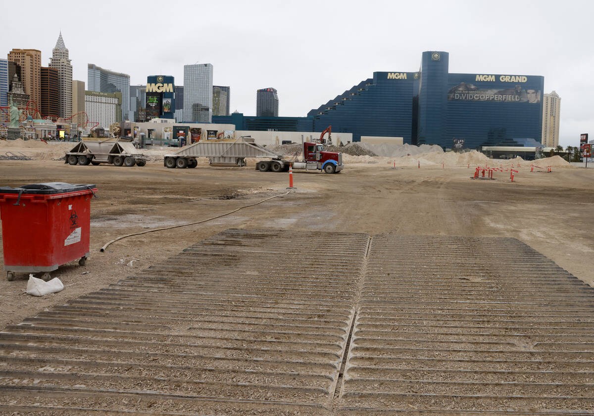 Piles of debris are ground into material as the Tropicana grounds continue to be cleared during ...