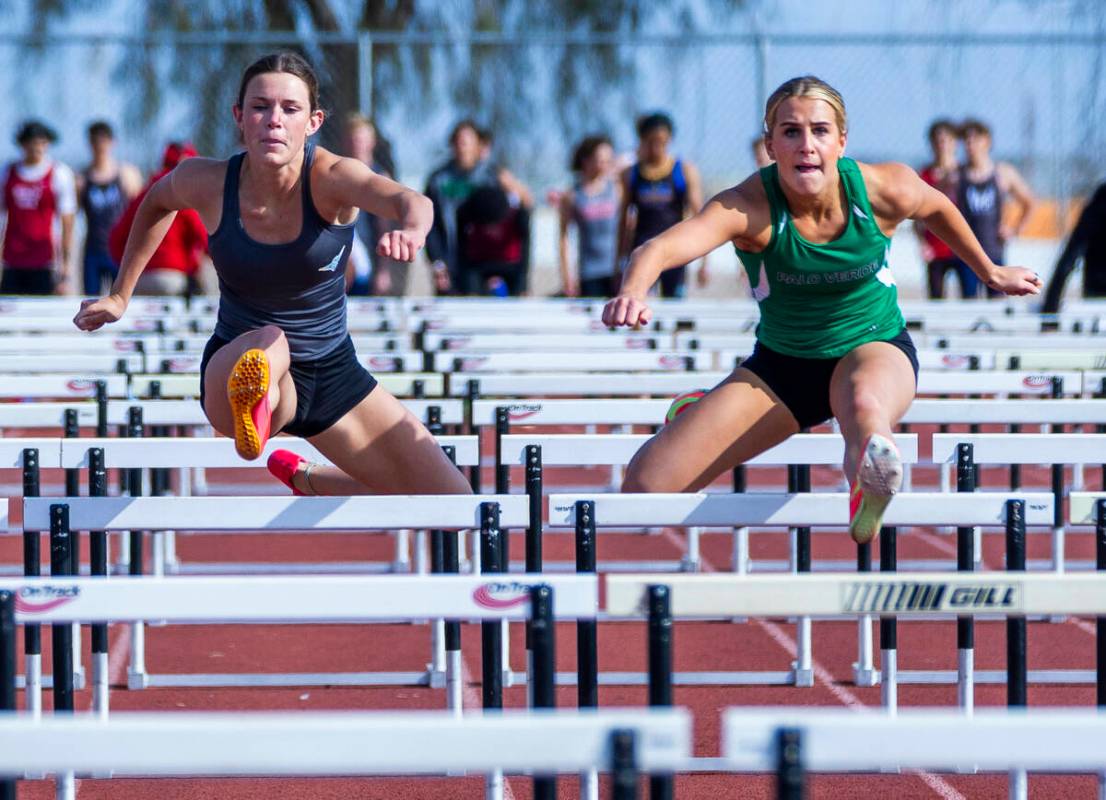 Foothill's Sydney Gibson and Palo Verde's Berklie Ahlander battle it out in the varsity girls 1 ...