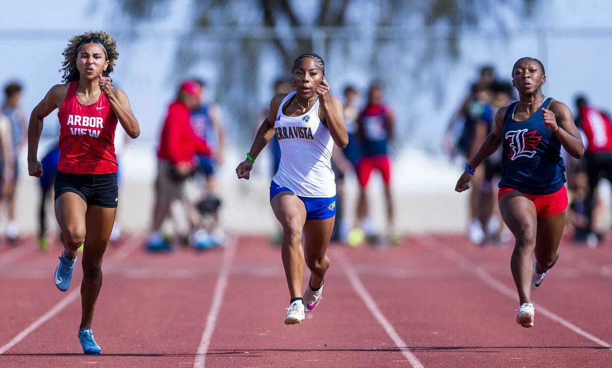 Arbor View's Timmia Rucks, Sierra Vista's Anaiyah Ross and Liberty's Trystin Mitchell cruise do ...