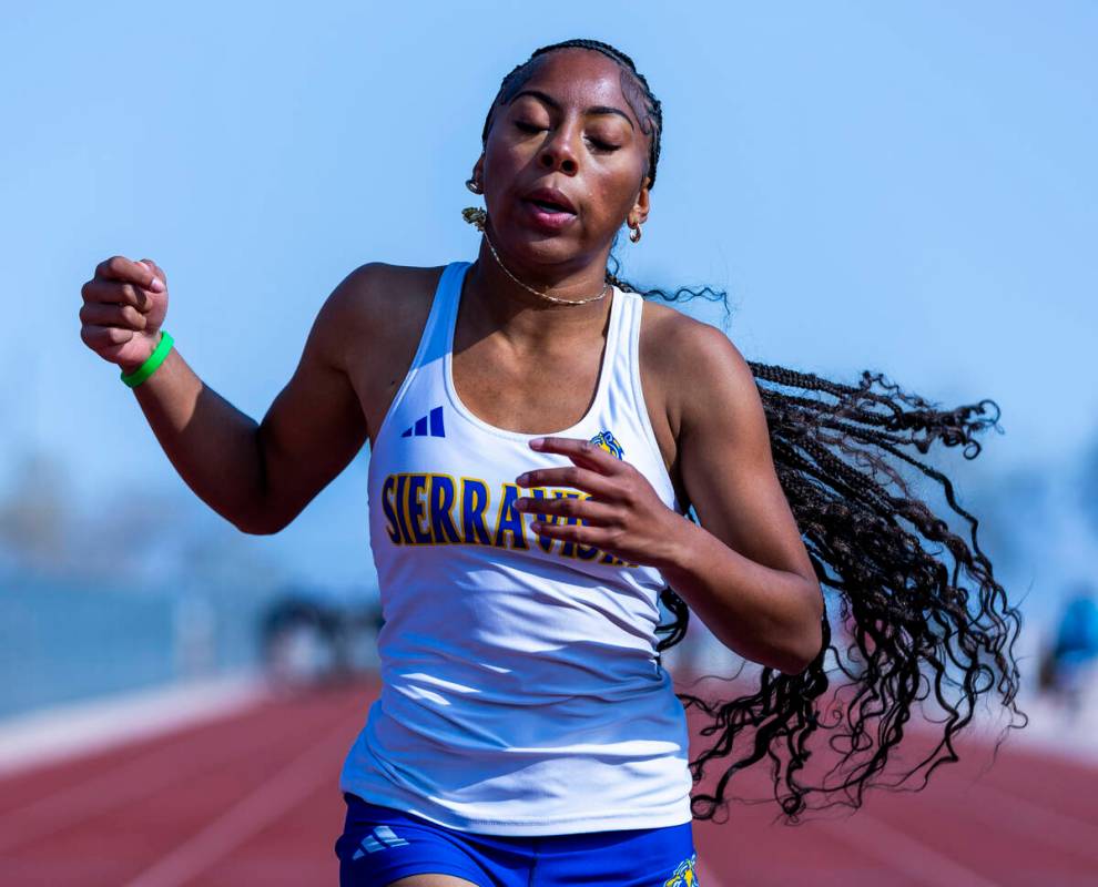 Sierra Vista's Anaiyah Ross wins the varsity girls 100 meters race during the 2025 Las Vegas Tr ...