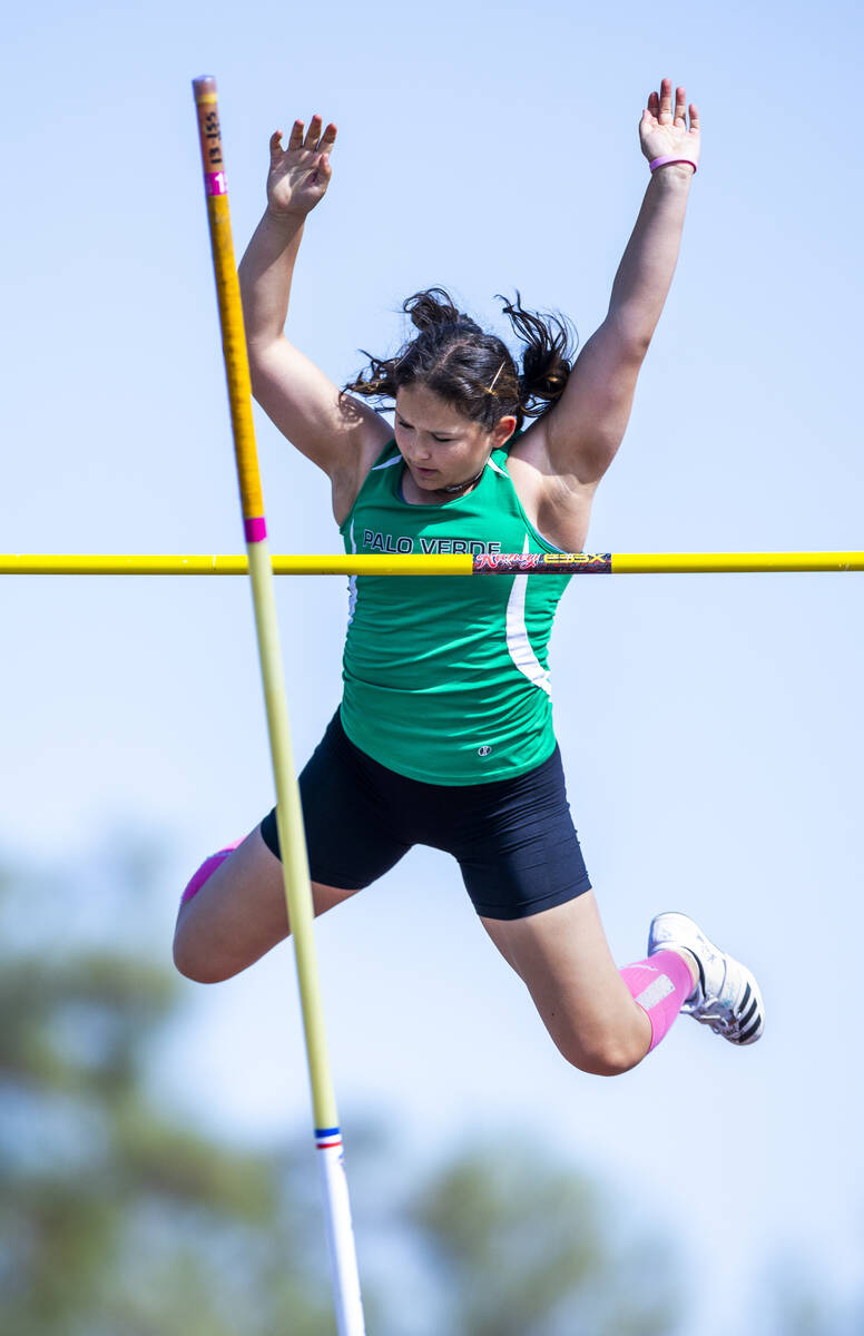 Palo Verde's Selma Eros reaches back to clear the pole in the varsity girls pole vault during t ...