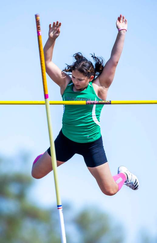 Palo Verde's Selma Eros reaches back to clear the pole in the varsity girls pole vault during t ...