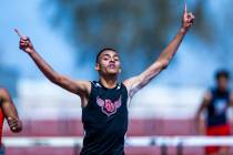 Desert Oasis' Noah Lara celebrates his win and a new state time in the varsity boys 300m hurdle ...