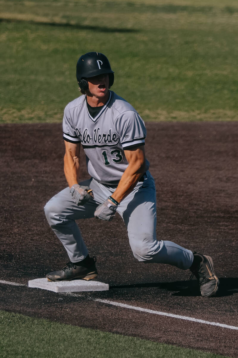 Palo Verde’s Brady Dallimore (13) celebrates making it to third base during the baseball ...