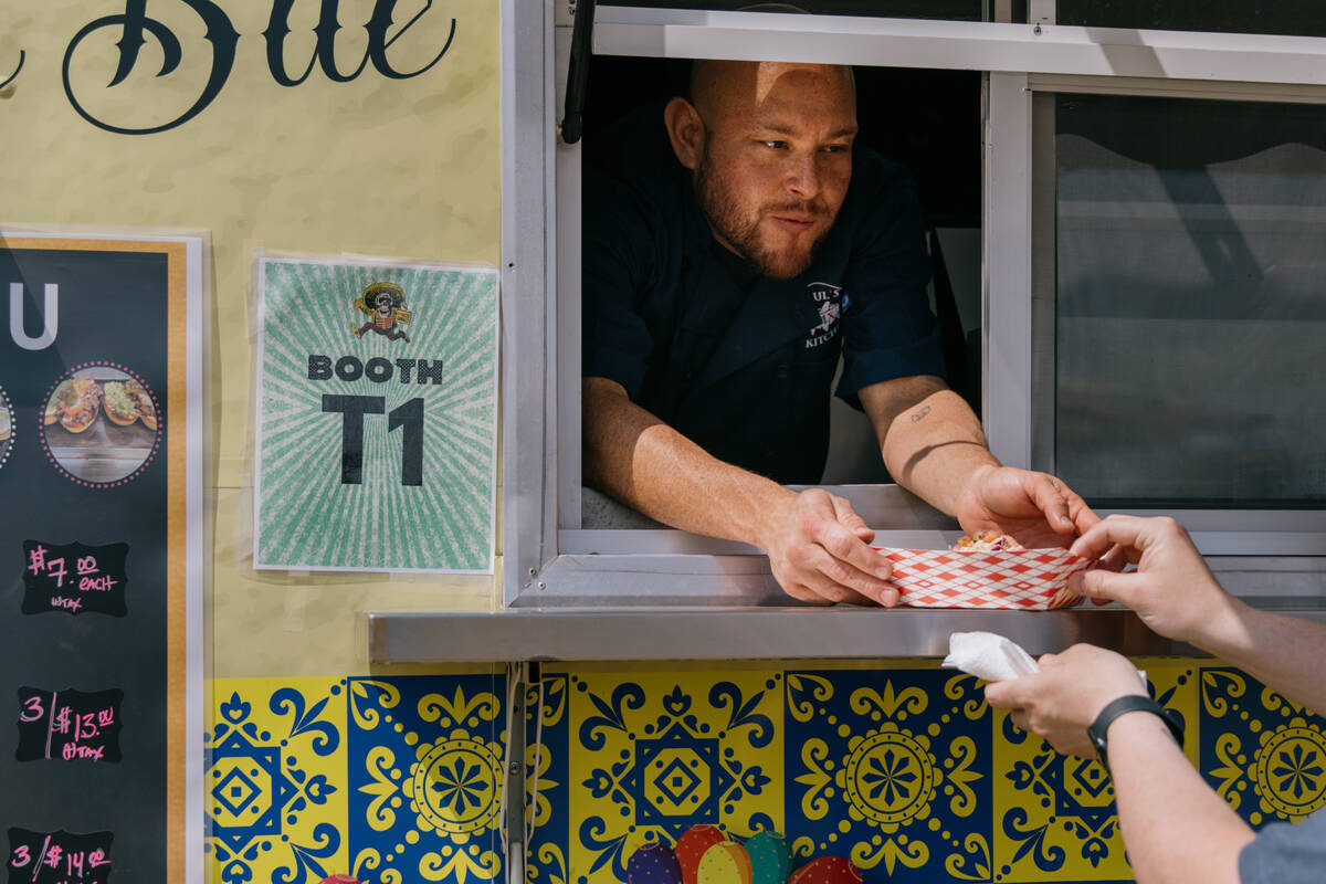 Saul Lopez-Orozco serves a customer from his food truck, Saul’s Mexican, during the Taco ...