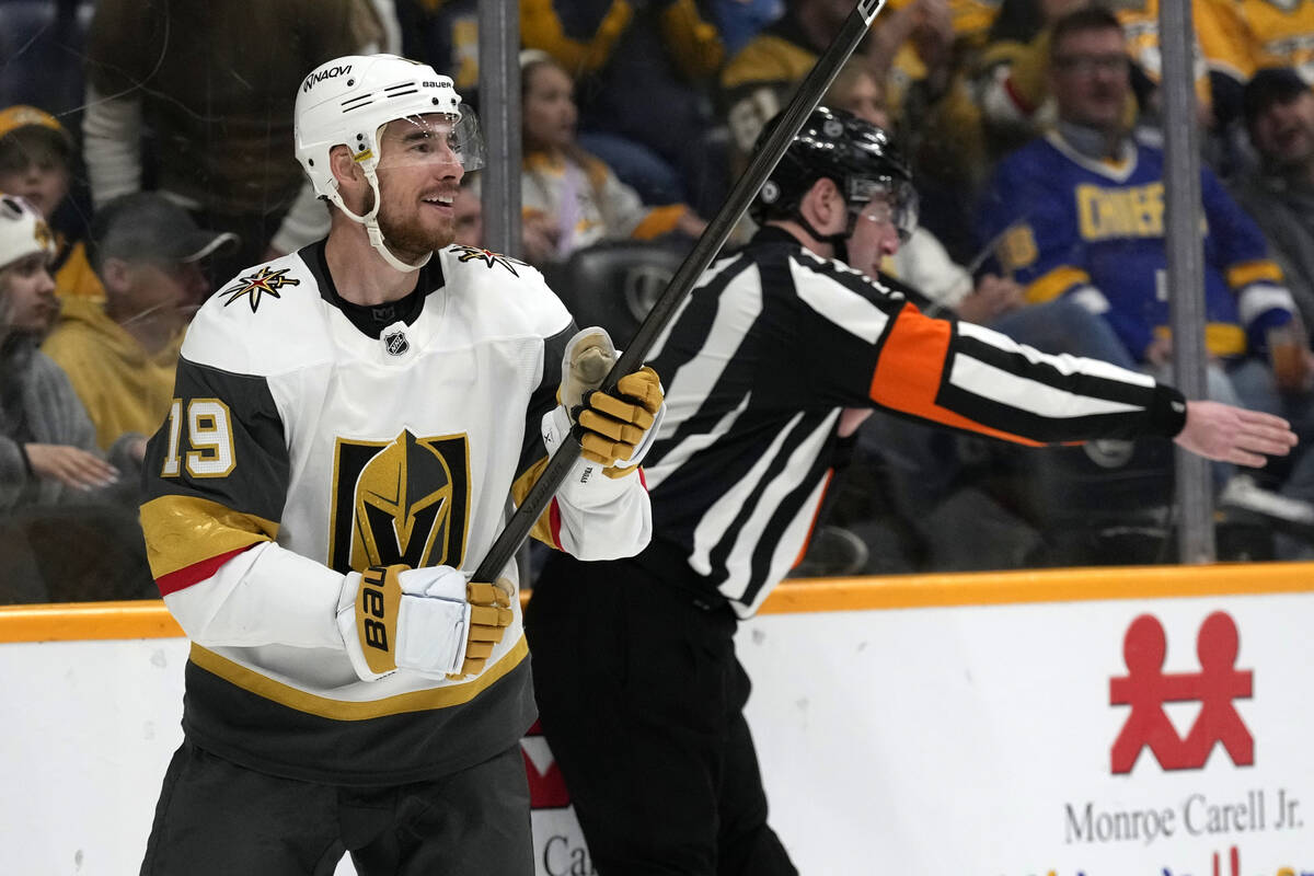 Vegas Golden Knights right wing Reilly Smith (19) celebrates after scoring against the Nashvill ...