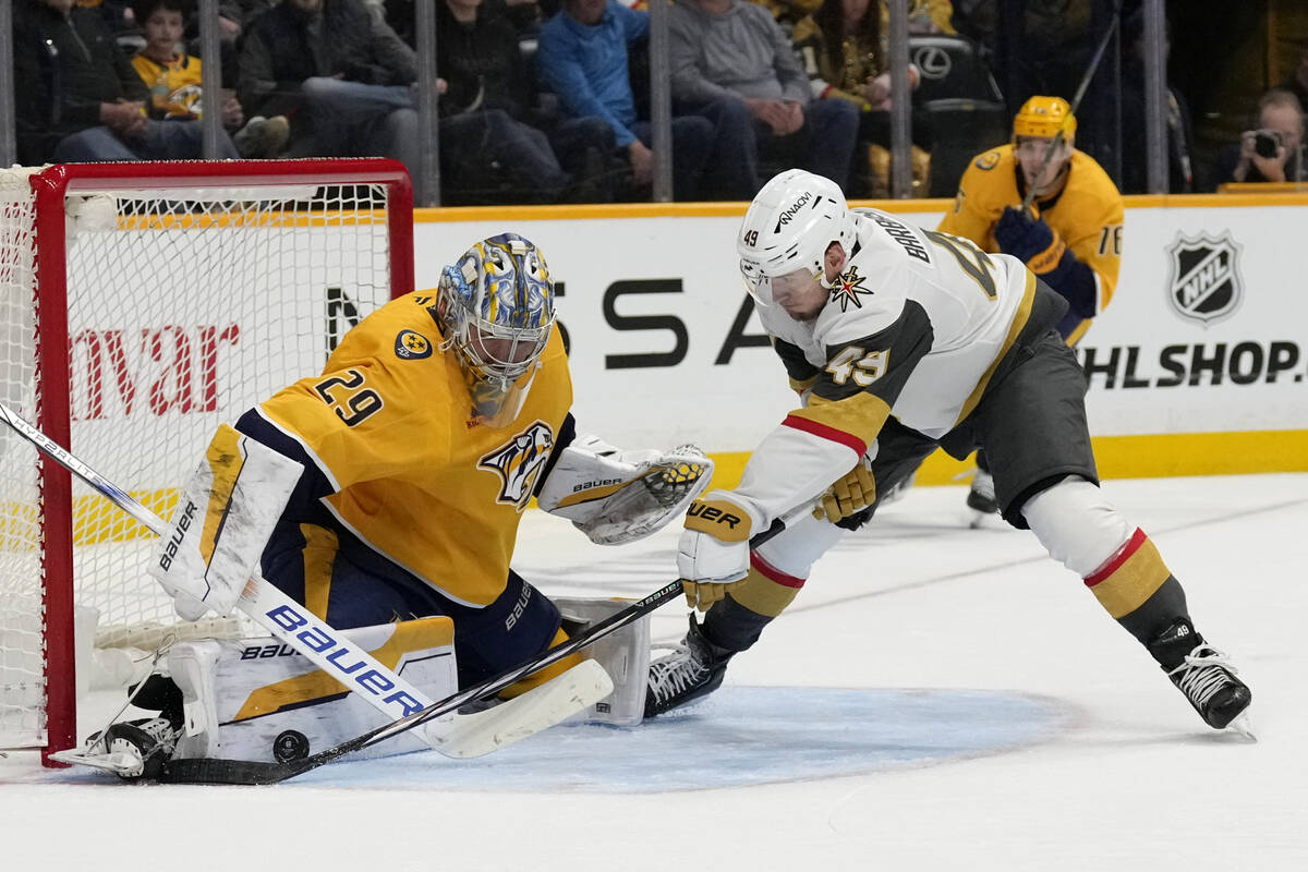 Nashville Predators goaltender Justus Annunen (29) stops a shot by Vegas Golden Knights center ...
