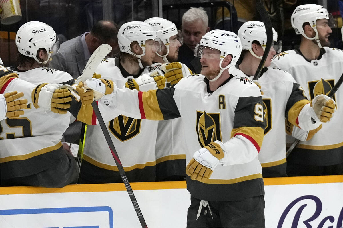 Vegas Golden Knights center Jack Eichel (9) is congratulated after scoring a goal against the N ...