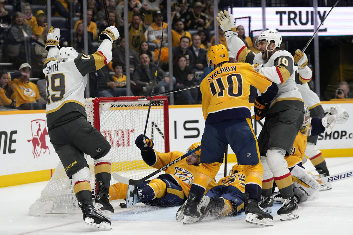 Vegas Golden Knights right wing Reilly Smith (19) scores against the Nashville Predators during ...