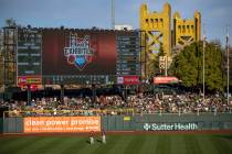 The Tower Bridge is visible behind right field and new scoreboard during the San Francisco Gian ...