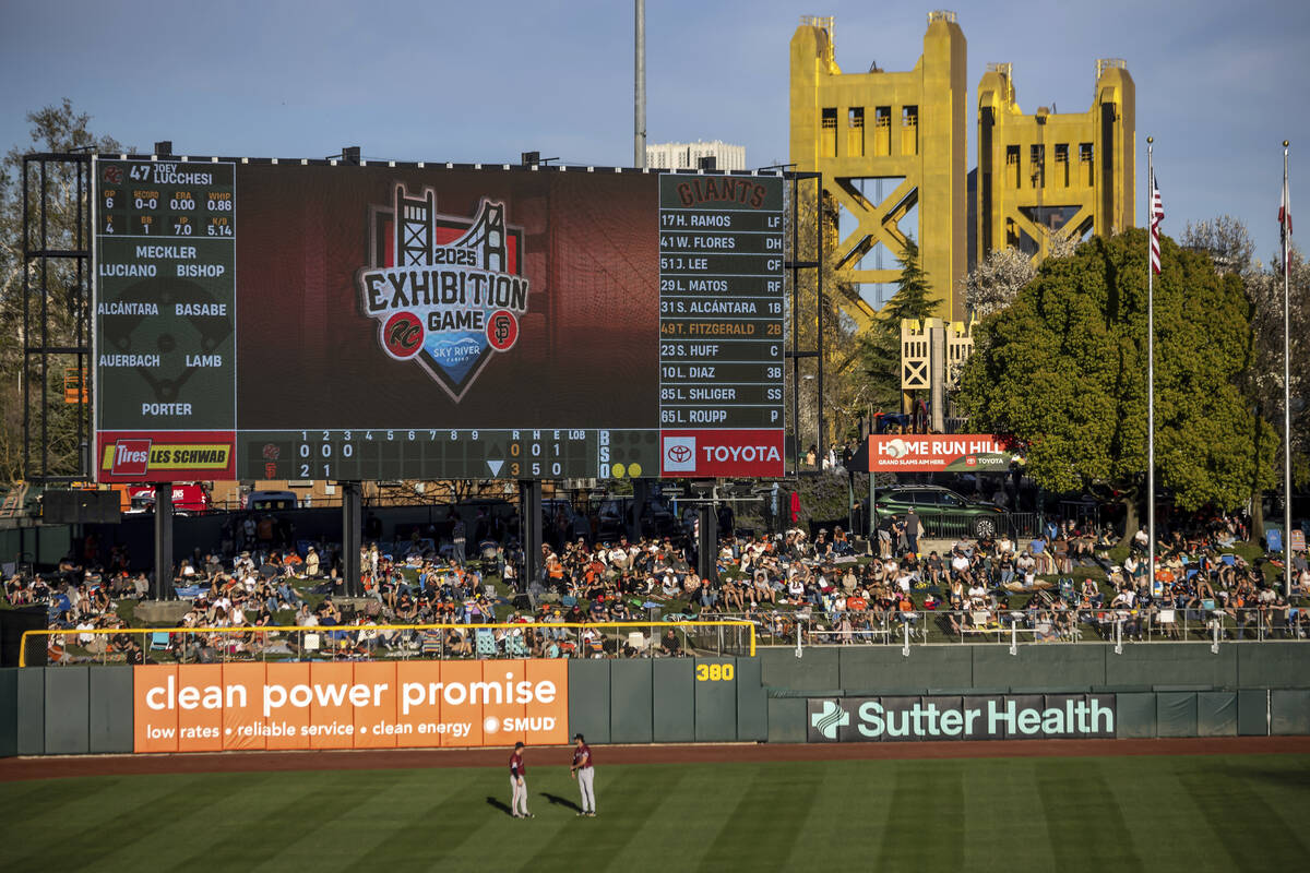 The Tower Bridge is visible behind right field and new scoreboard during the San Francisco Gian ...