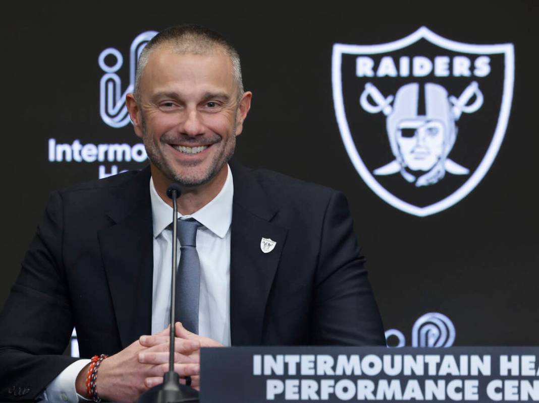 John Spytek speaks after being introduced as the new Raiders general manager during a press con ...