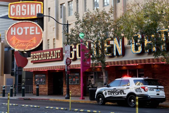 A city of Las Vegas marshal vehicle is seen with flashing lights at Main Street near the Fremon ...