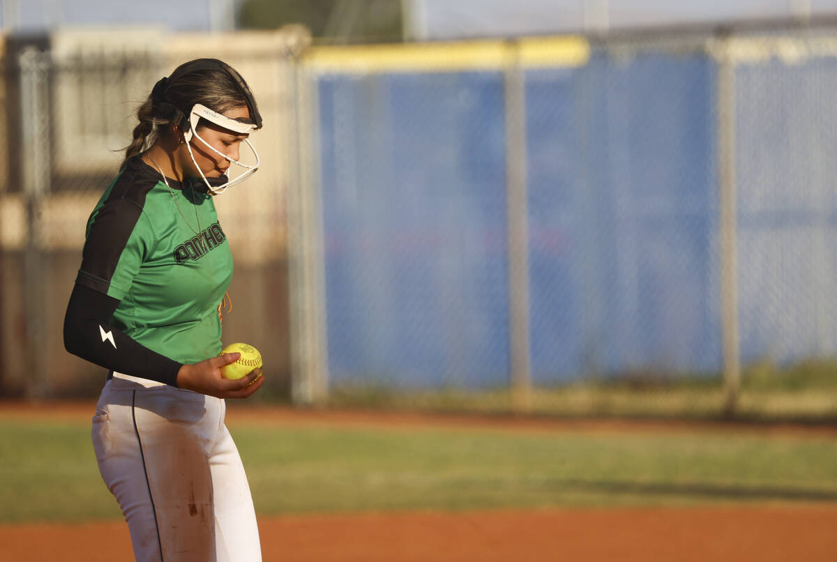 Palo Verde's Haley Kearnes (8) prepares to pitch during a softball game at Shadow Ridge High Sc ...