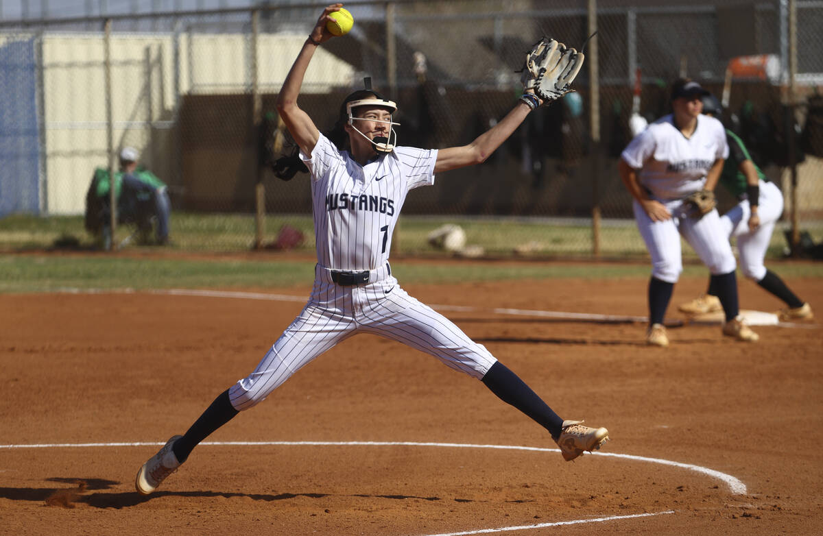 Shadow Ridge's Melia Aionaaka (1) pitches to Palo Verde during a softball game at Shadow Ridge ...