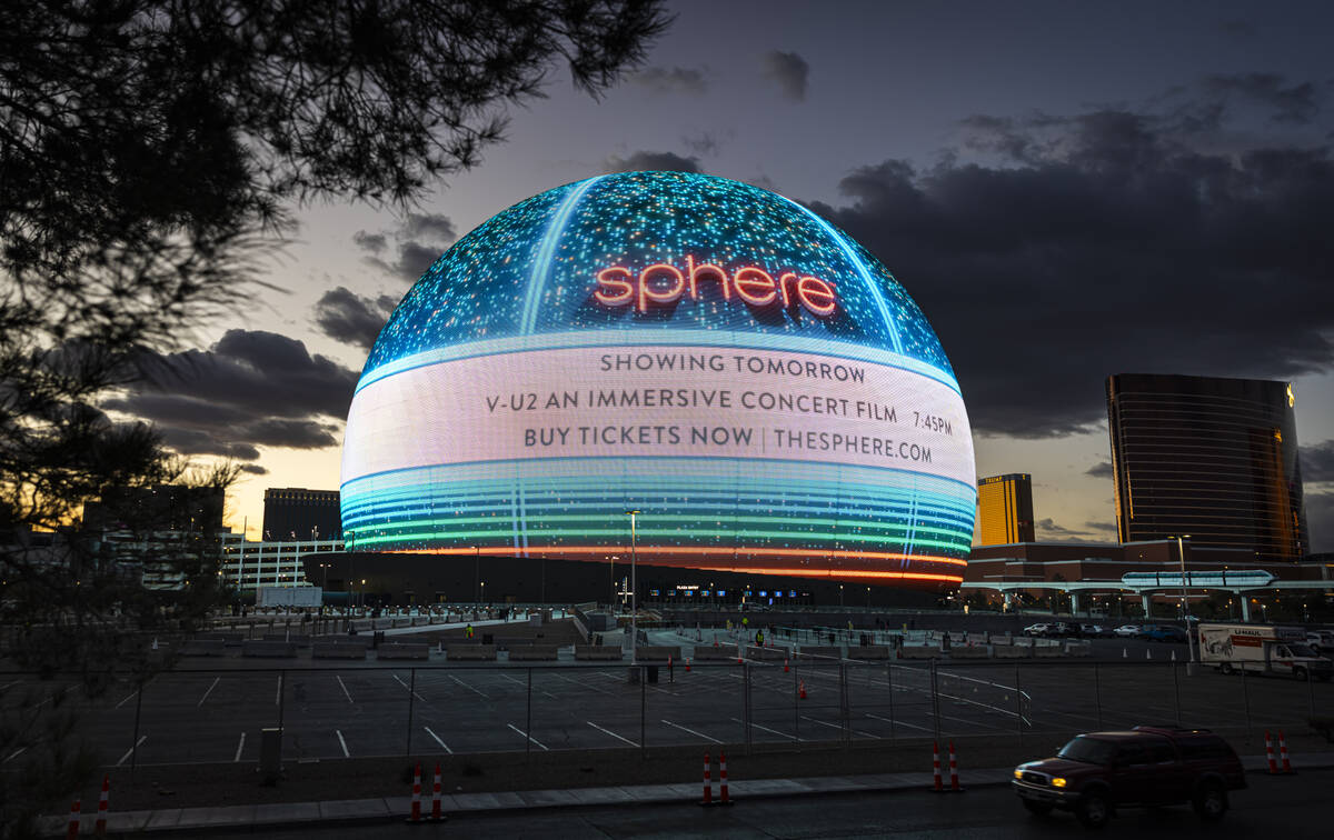An advertisement for the V-U2 immersive convert film is displayed on the Sphere on Monday, Marc ...