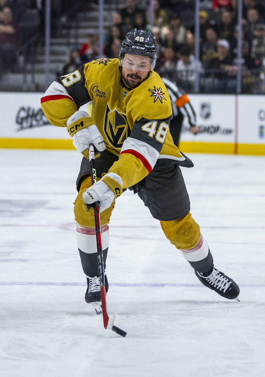 Golden Knights center Tomas Hertl (48) takes the puck up the ice against the Columbus Blue Jack ...