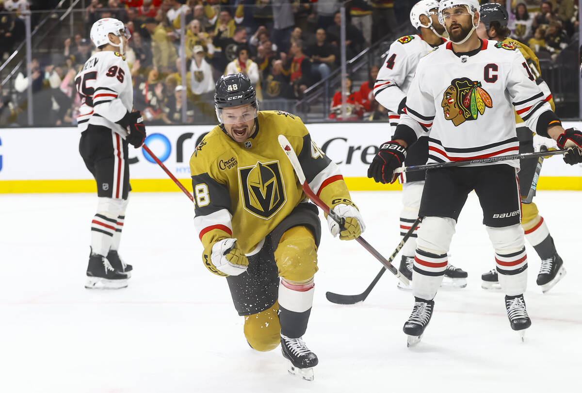 Golden Knights center Tomas Hertl (48) celebrates his goal against the Chicago Blackhawks durin ...