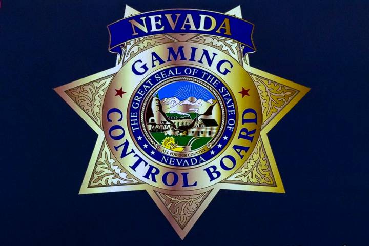 The logo of the Nevada Gaming Control Board is shown on video before a meeting on Thursday, Mar ...