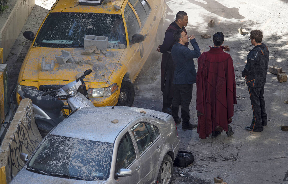 Cast members Benedict Wong, from left, Mark Ruffalo, Benedict Cumberbatch and Robert Downey Jr. ...