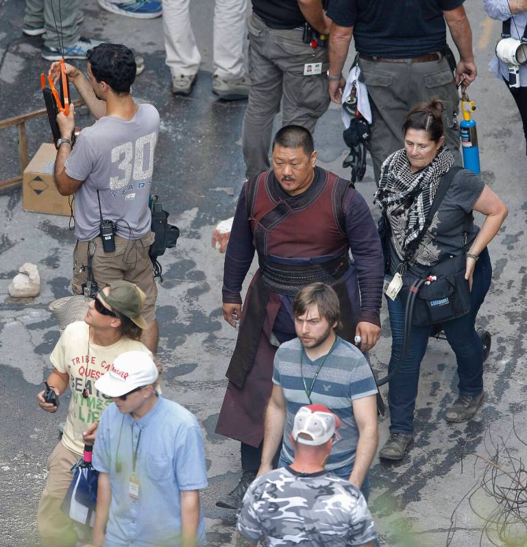 Cast members Benedict Wong work during the filming of "Avengers: Infinity War, Wednesday, ...