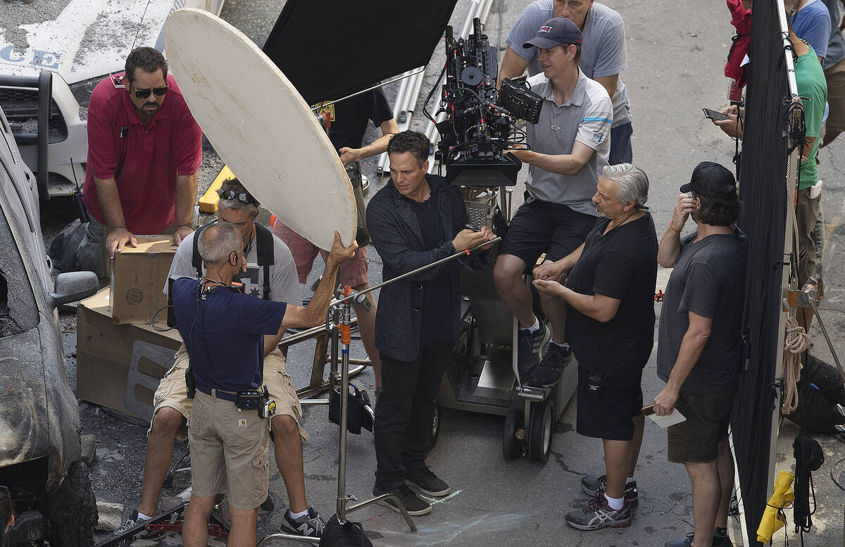 Cast member Mark Ruffalo works during the filming of "Avengers: Infinity War, Wednesday, J ...