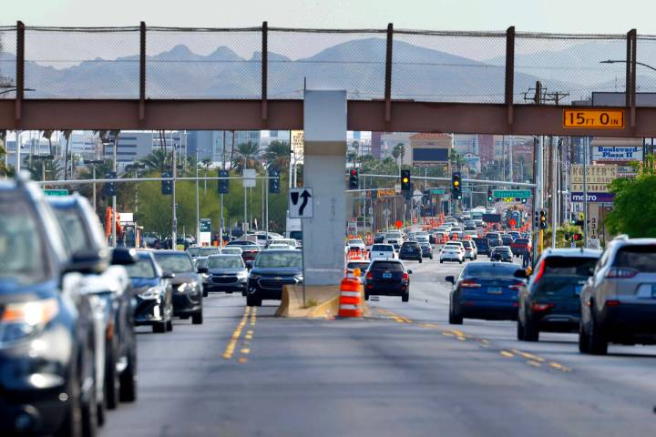 Motorists drive under the pedestrian bridge adjacent to Sunrise Hospital on Maryland Parkway Mo ...