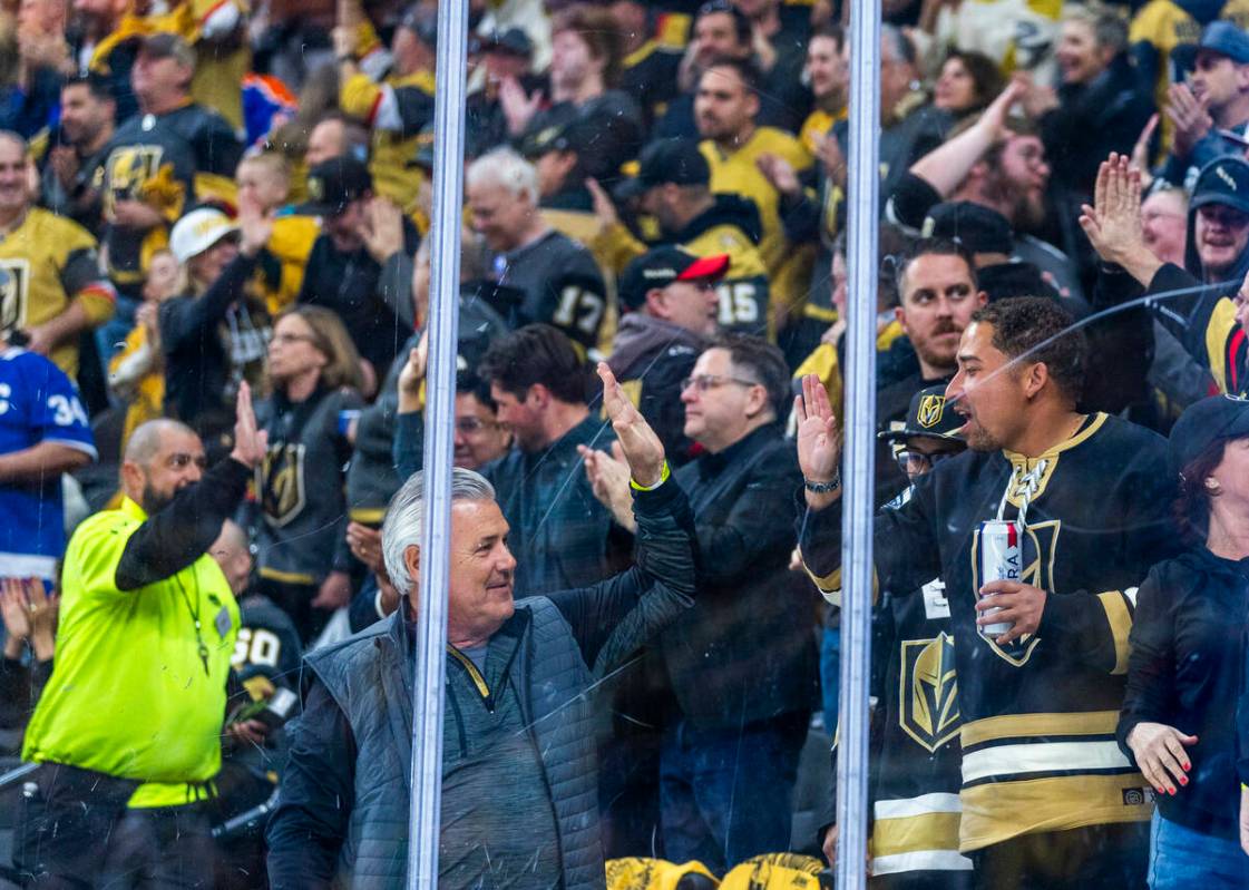 Golden Knights fans celebrate their first goal against the Edmonton Oilers during the first per ...