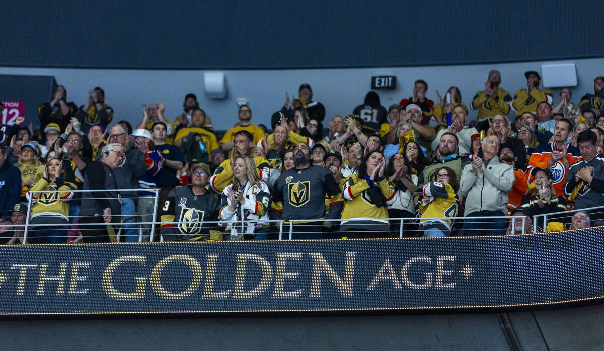 Golden Knights applaud from the upper balcony against the Edmonton Oilers during the first peri ...