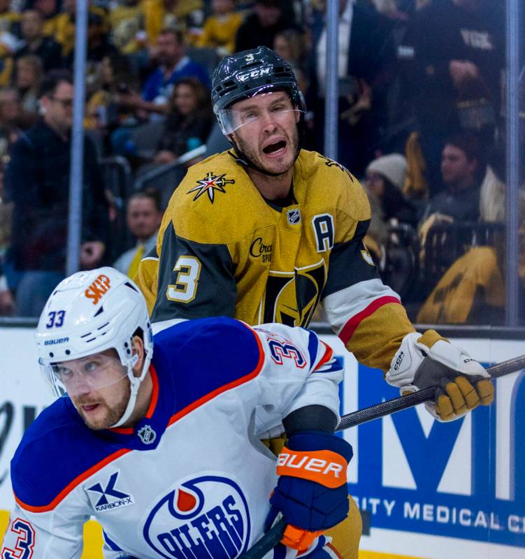 Golden Knights defenseman Brayden McNabb (3) reacts to losing the puck from Edmonton Oilers lef ...