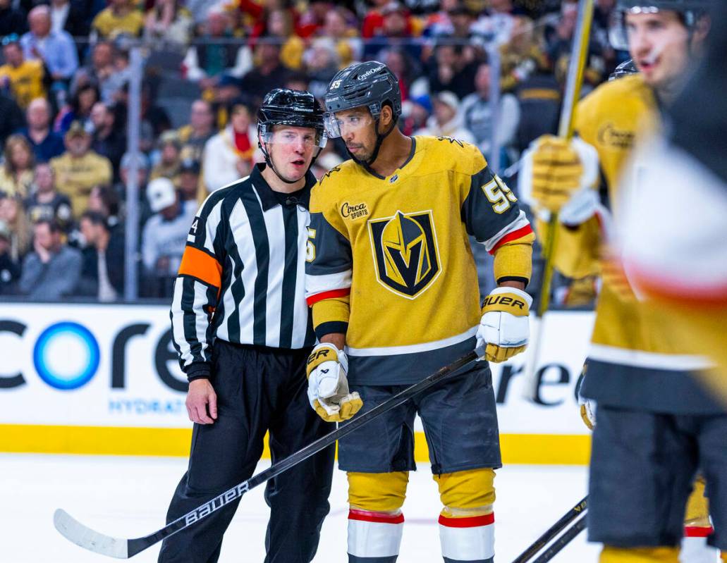 Golden Knights right wing Keegan Kolesar (55) chats with a referee as they face the Edmonton Oi ...