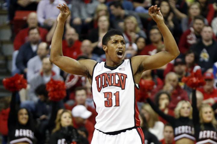 UNLV's Justin Hawkins celebrates a score during the second half of an NCAA college basketball g ...