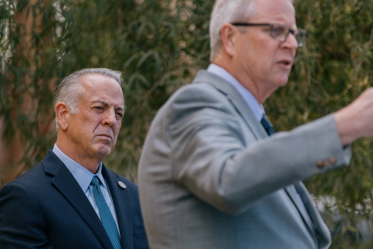Nevada Governor Joe Lombardo listens to Nevada Housing Division Administrator Steven Aichroth s ...