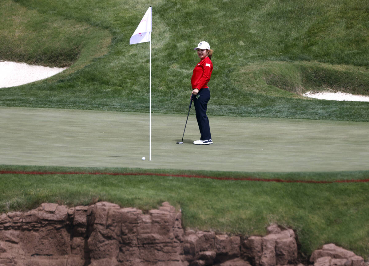Ayaka Furue of Japan reacts to a missed putt on the 10th hole during the first round of the LPG ...
