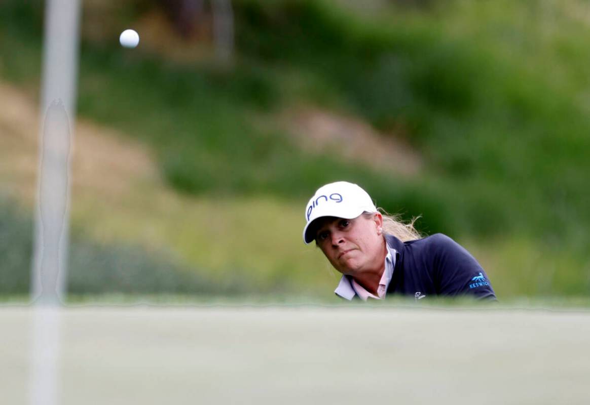 Stephanie Kyriacou of Australia watches her drive to the second hole during the first round of ...