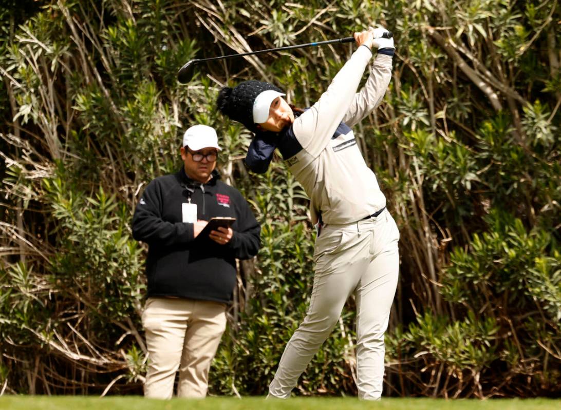 Jenny Shin of Korea watches her tee drive during the first round of the LPGA T-Mobile Match Pla ...