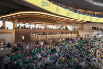 An artist rendering of the Athletics' planned Las Vegas ballpark shown during a March 6, 2025, ...