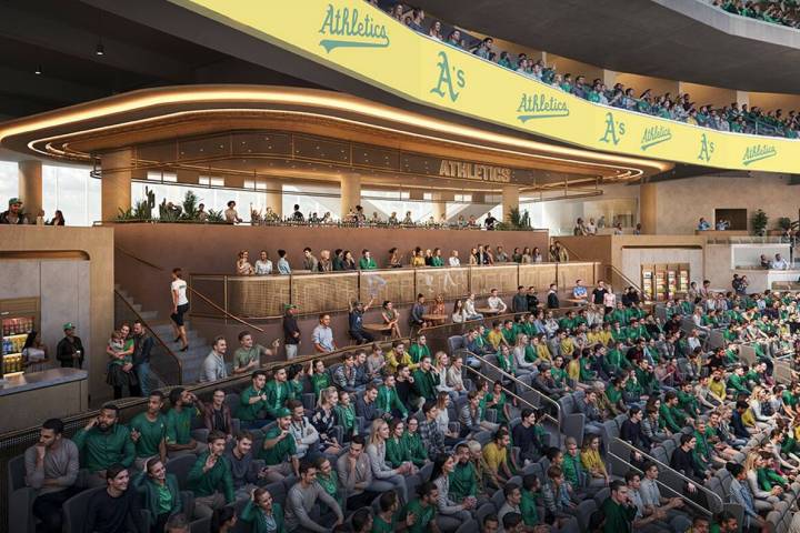 An artist rendering of the Athletics' planned Las Vegas ballpark shown during a March 6, 2025, ...