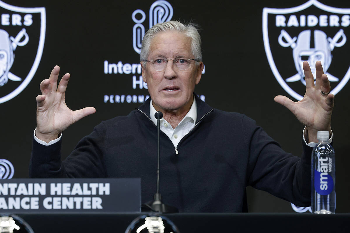 Pete Carroll speaks after being introduced as the new Raiders head coach during a press confere ...