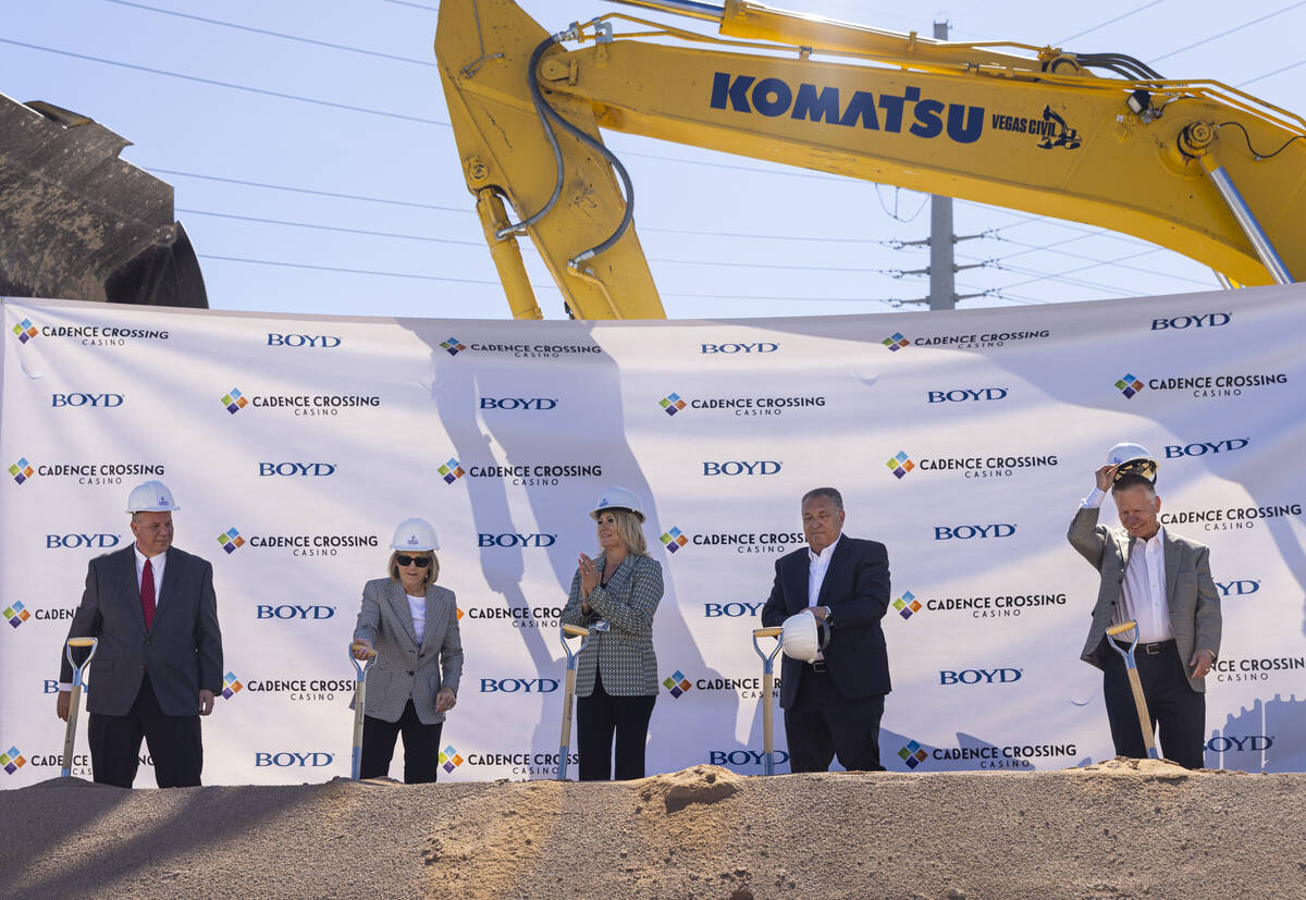 Henderson Mayor Michelle Romero, center, claps following the groundbreaking ceremony for Cadenc ...