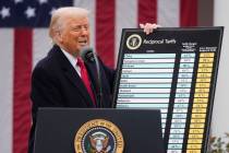 President Donald Trump speaks during an event to announce new tariffs in the Rose Garden at the ...